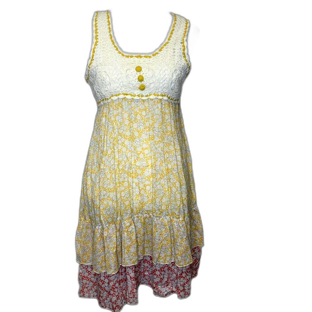VTG Womens Funky People Crochet Floral Dress Boho Cottage Mixed Media Size Med